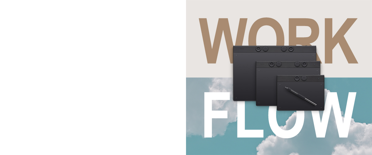 Three black pen tablets and a stylus overlaid on the words WORK and FLOW