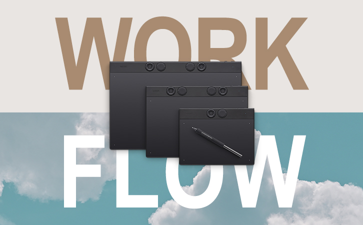 Three black pen tablets and a stylus overlaid on the words WORK and FLOW